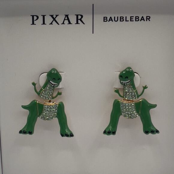 Disney Pixar BaubleBar Toy Story Rex Dinosaur Earrings Green Crystal Drop - Picture 4 of 5